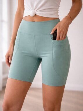 Old Navy Active Powersoft High Rise Bike Shorts Sage Green Pockets